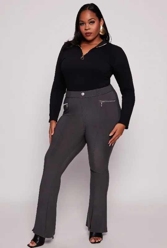 Plus Size Seamless Ribbed Zip Neck Long Sleeve Top