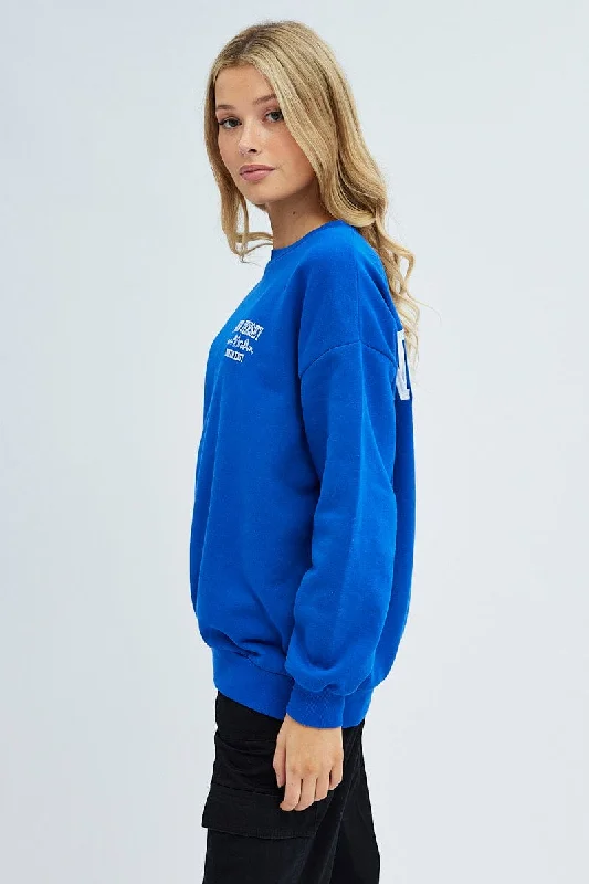 Blue Graphic Sweater Long Sleeve Slightly Stretch