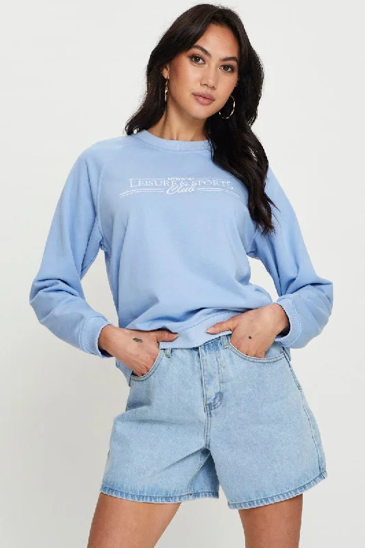 Blue Graphic Top Long Sleeve Oversized Round Neck