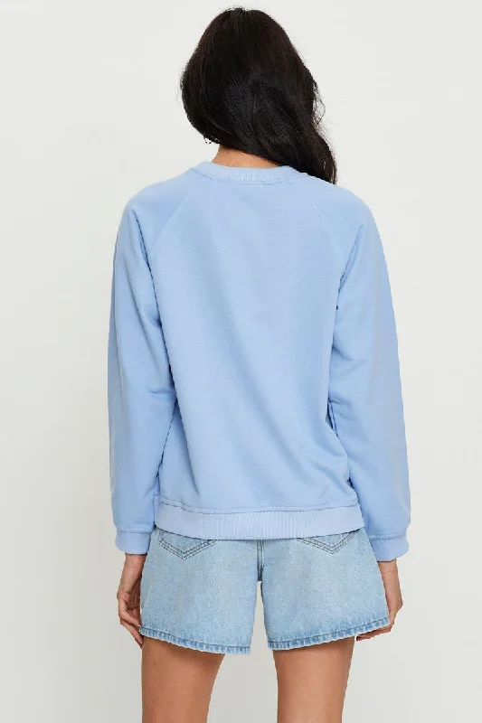 Blue Graphic Top Long Sleeve Oversized Round Neck