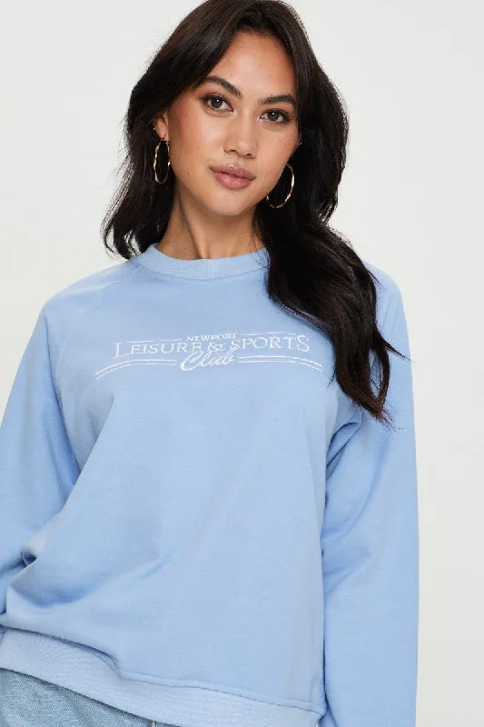 Blue Graphic Top Long Sleeve Oversized Round Neck