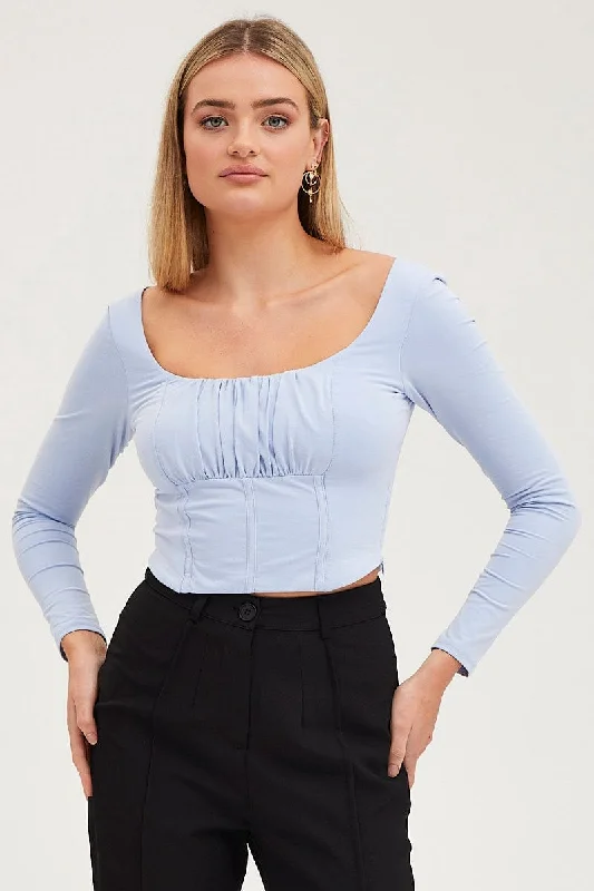 Blue Top Long Sleeve Gathered Bust