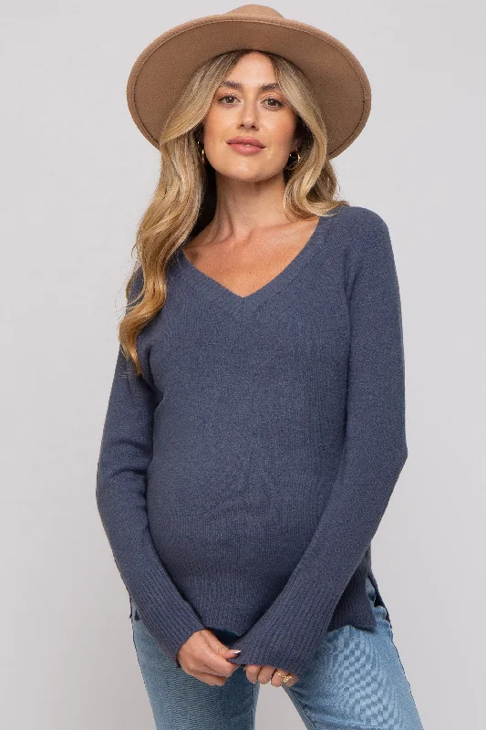 Blue V-Neck Basic Maternity Sweater