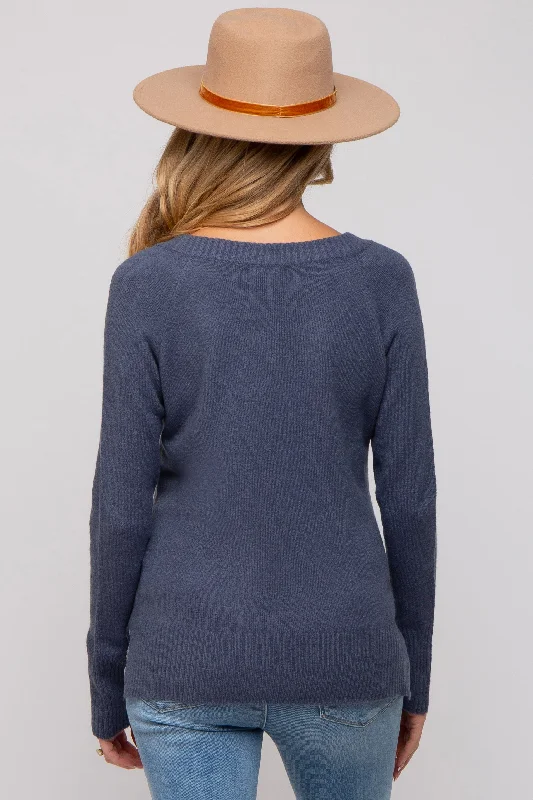 Blue V-Neck Basic Maternity Sweater