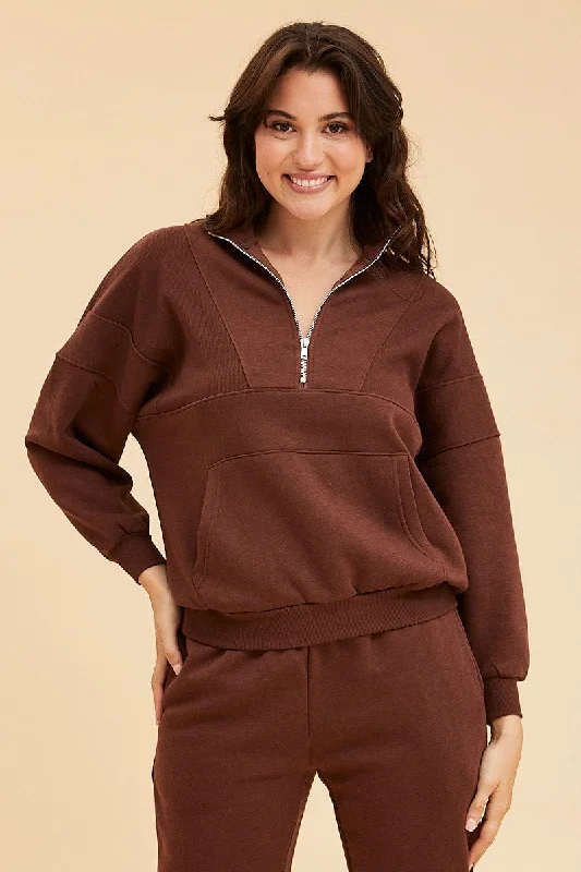 Brown 1/4 Zip Sweat Top Long Sleeve Front Pocket