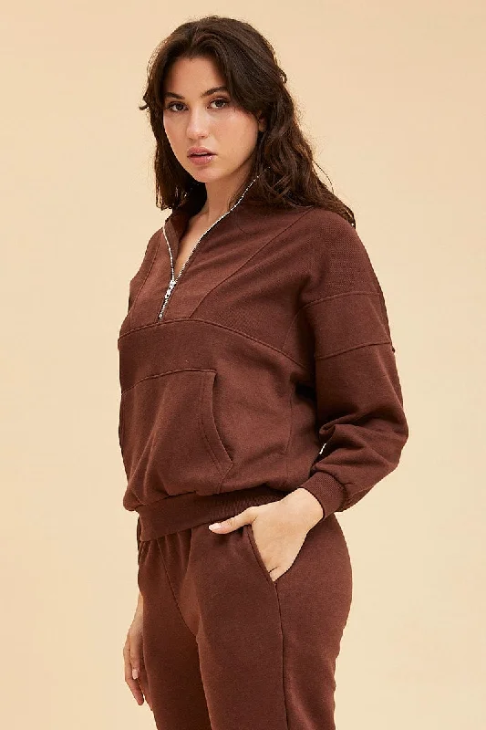 Brown 1/4 Zip Sweat Top Long Sleeve Front Pocket