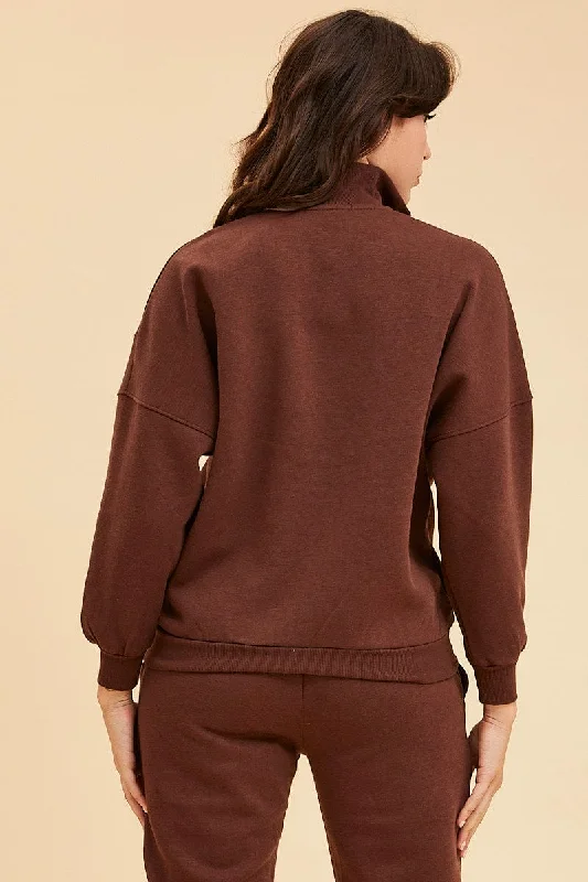 Brown 1/4 Zip Sweat Top Long Sleeve Front Pocket