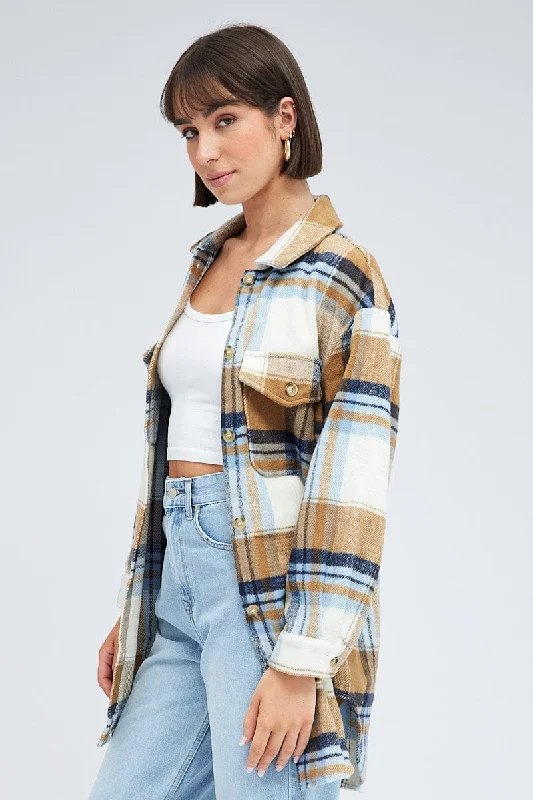 Brown Check Long Checked Print Jacket Long Sleeves