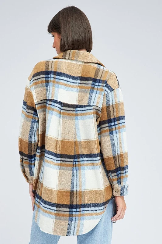 Brown Check Long Checked Print Jacket Long Sleeves