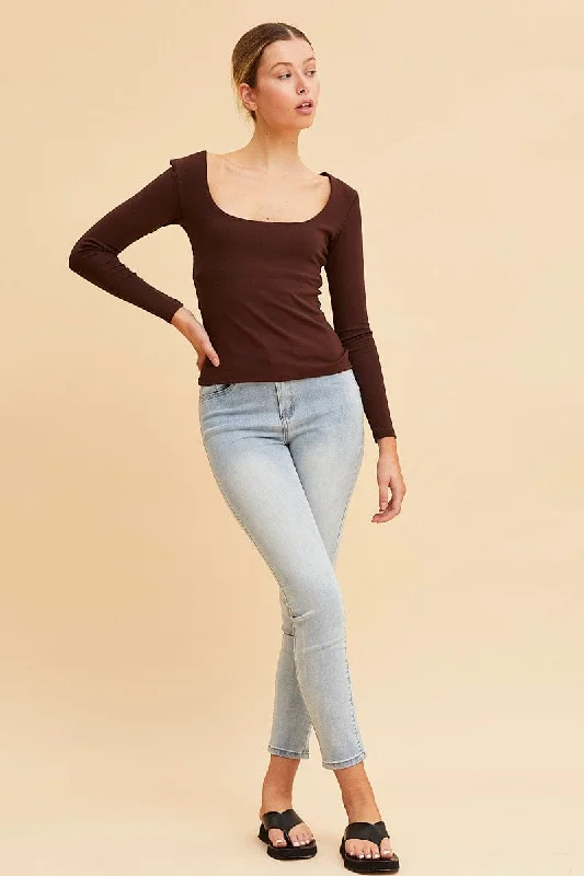 Brown Cotton Top Long Sleeve Scoop Neck