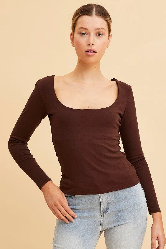 Brown Cotton Top Long Sleeve Scoop Neck