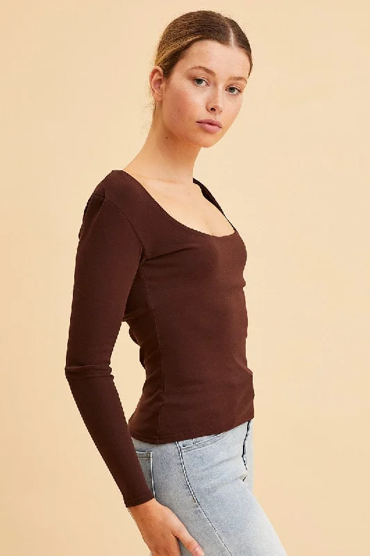 Brown Cotton Top Long Sleeve Scoop Neck