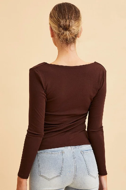 Brown Cotton Top Long Sleeve Scoop Neck