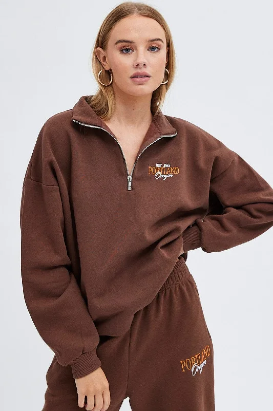 Brown Sweater Long Sleeves With Zip