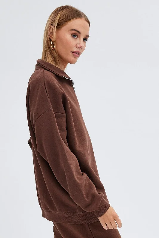 Brown Sweater Long Sleeves With Zip