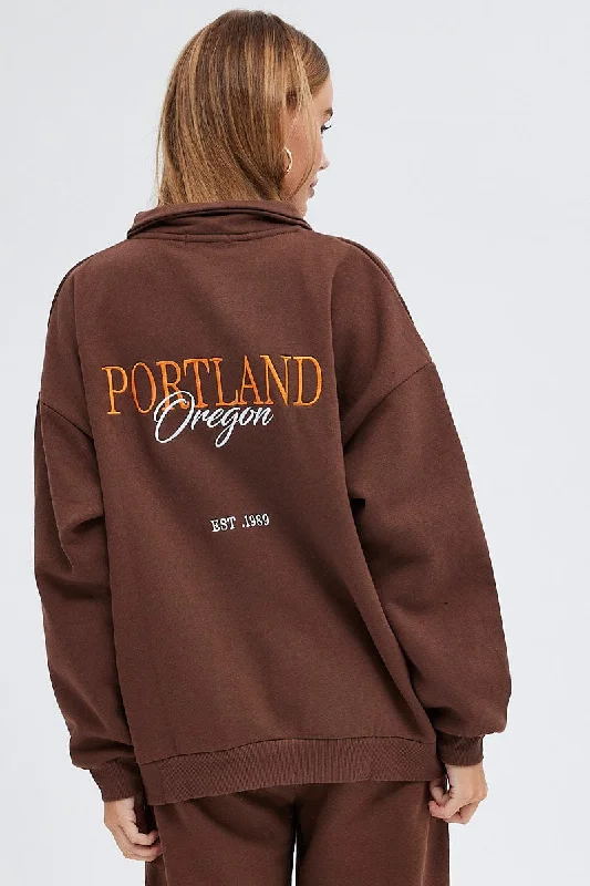 Brown Sweater Long Sleeves With Zip