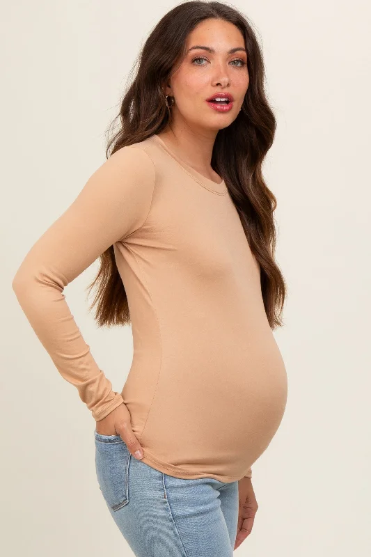 Camel Knit Long Sleeve Round Hem Maternity Top