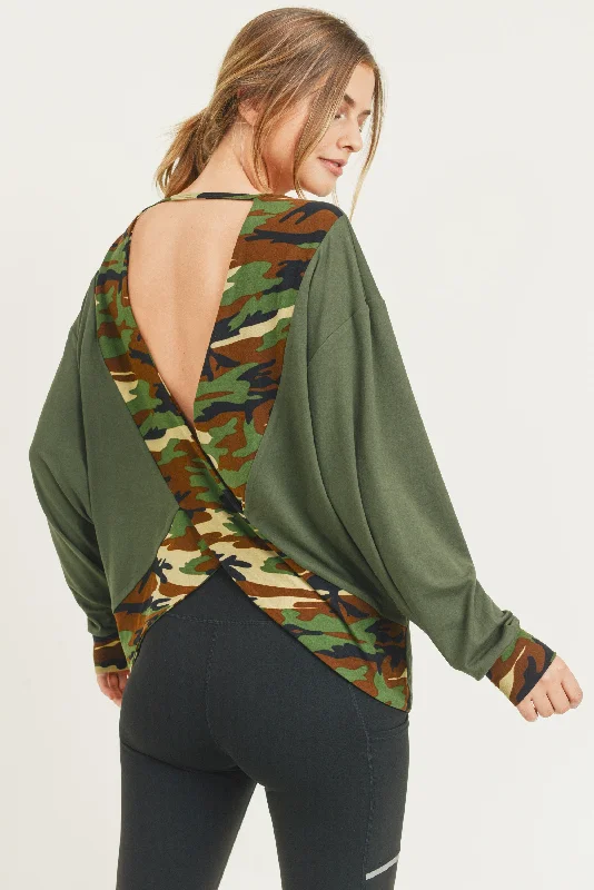 Camouflage Open Back Long Sleeve Top