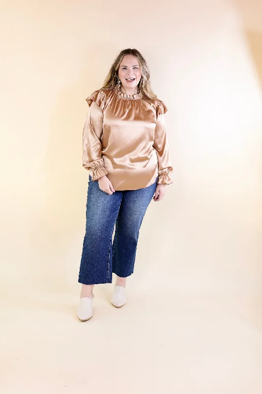 Can't Stop Me Ruffle Mock Neck Long Sleeve Satin Top in Champagne