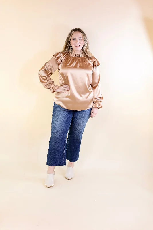 Can't Stop Me Ruffle Mock Neck Long Sleeve Satin Top in Champagne