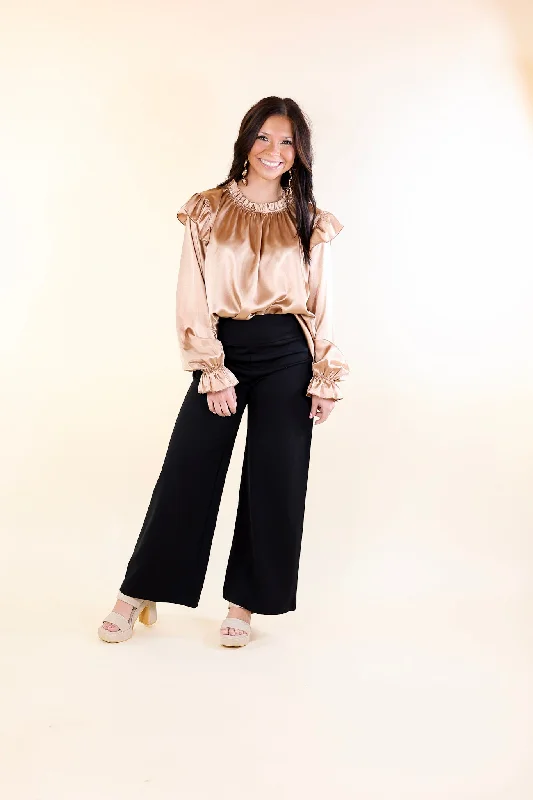 Can't Stop Me Ruffle Mock Neck Long Sleeve Satin Top in Champagne