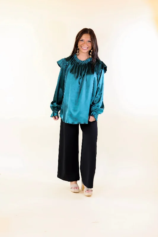 Can't Stop Me Ruffle Mock Neck Long Sleeve Satin Top in Dark Teal