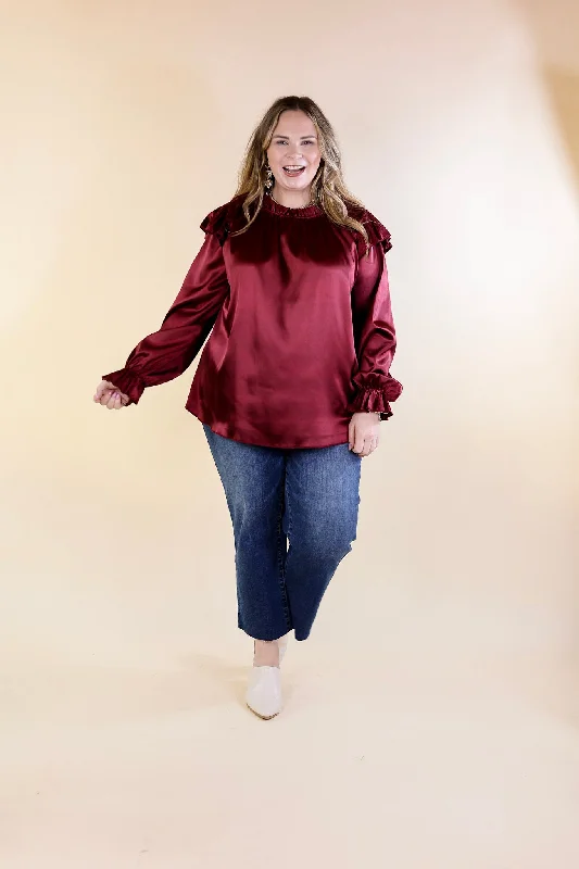 Can't Stop Me Ruffle Mock Neck Long Sleeve Satin Top in Maroon