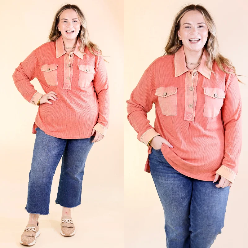 Cozy Welcome Waffle Knit Collared Top with Long Sleeves in Coral Orange