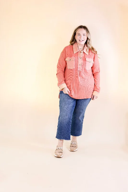 Cozy Welcome Waffle Knit Collared Top with Long Sleeves in Coral Orange