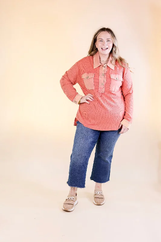 Cozy Welcome Waffle Knit Collared Top with Long Sleeves in Coral Orange