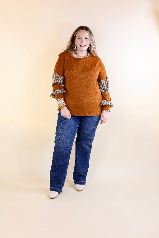 Double The Fun Long Sleeve Leopard Print Block Top in Burnt Orange