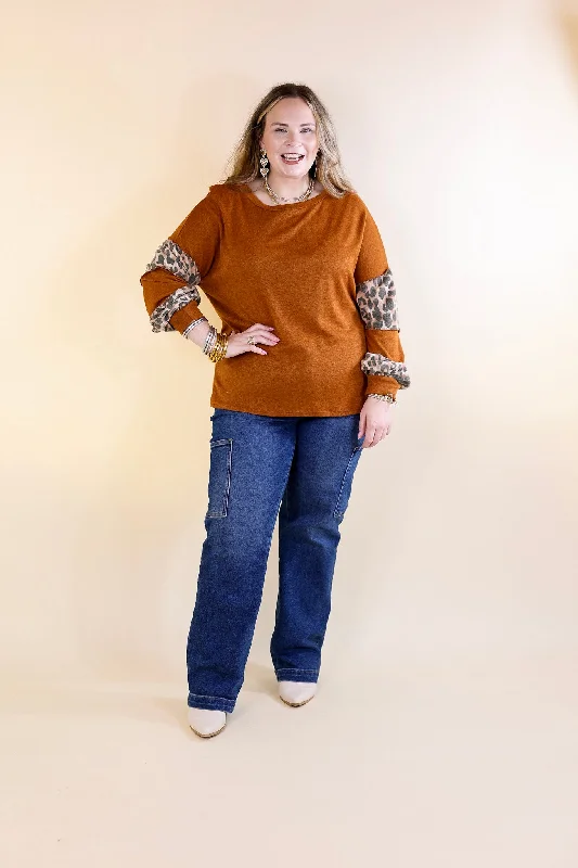 Double The Fun Long Sleeve Leopard Print Block Top in Burnt Orange