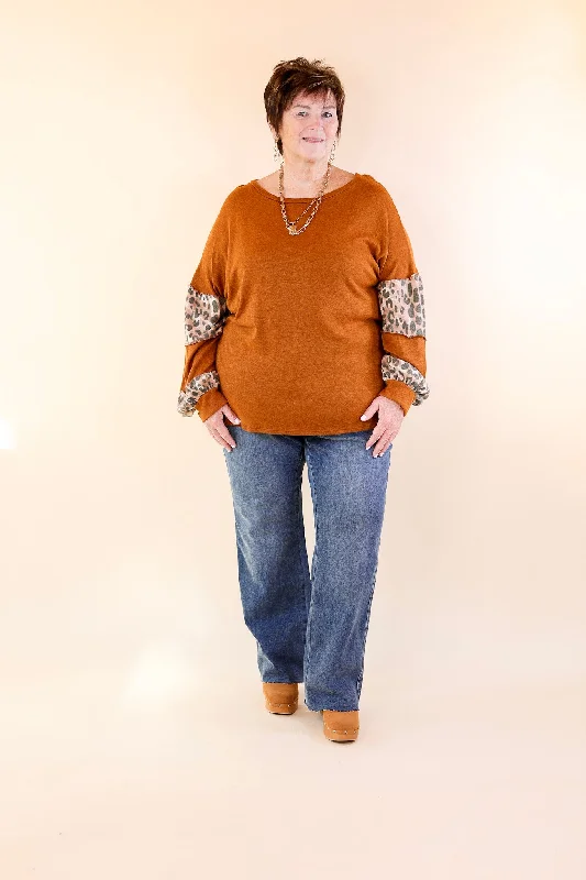 Double The Fun Long Sleeve Leopard Print Block Top in Burnt Orange