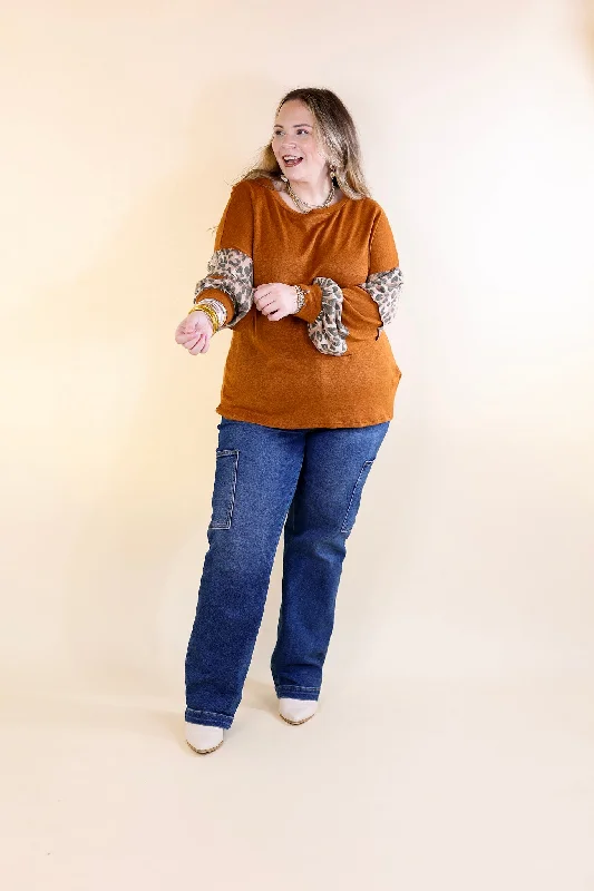 Double The Fun Long Sleeve Leopard Print Block Top in Burnt Orange