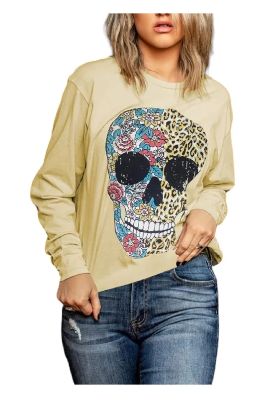 Floral Leopard Skull Long Sleeve Top In Yellow