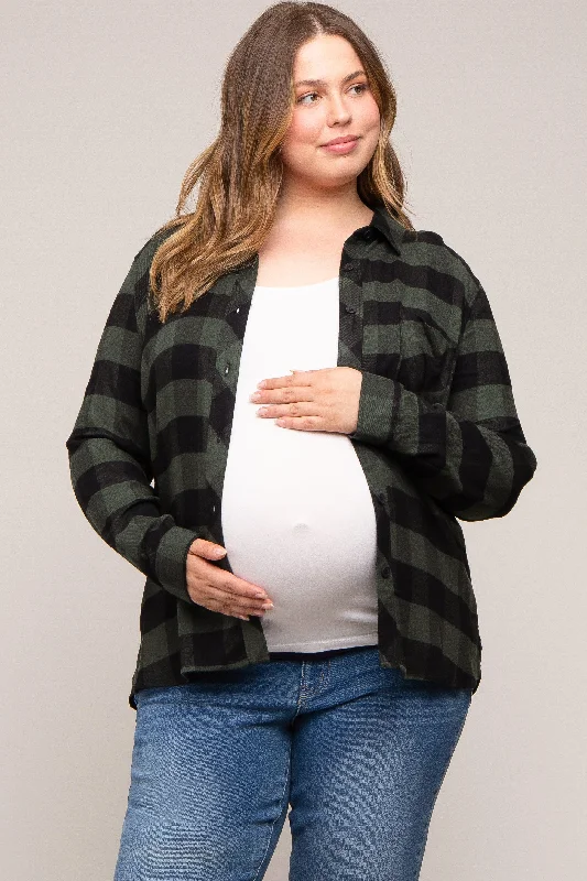 Forest Green Checkered Maternity Plus Long Sleeve Button Down Top