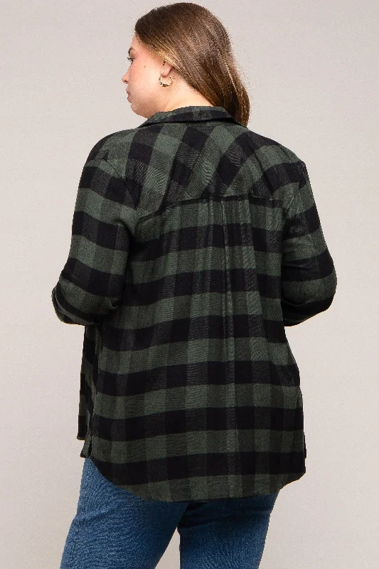 Forest Green Checkered Maternity Plus Long Sleeve Button Down Top