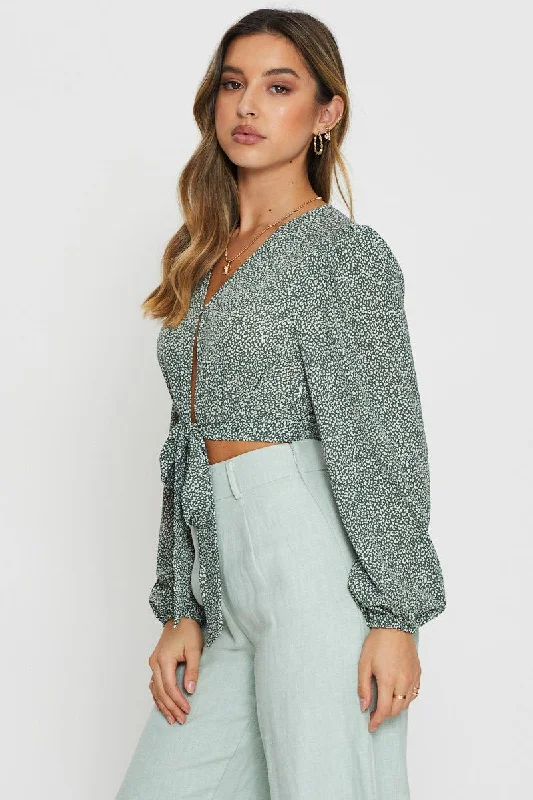 Geo Print Wrap Top Long Sleeve Tie Up