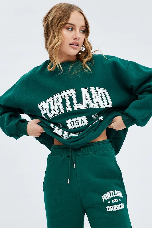 Green Graphic Sweater Long Sleeves