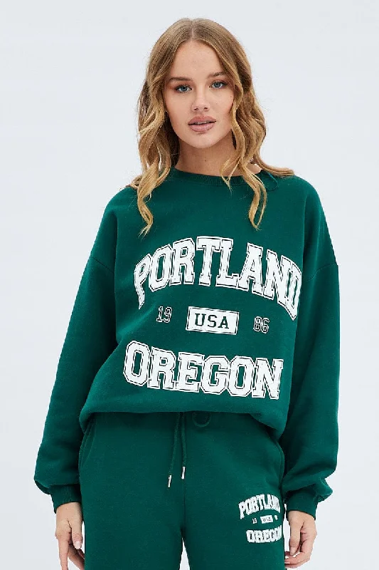 Green Graphic Sweater Long Sleeves