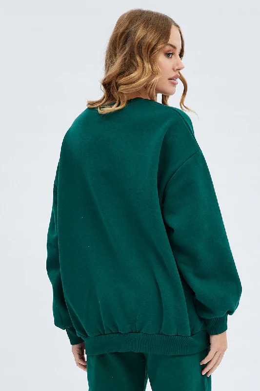 Green Graphic Sweater Long Sleeves