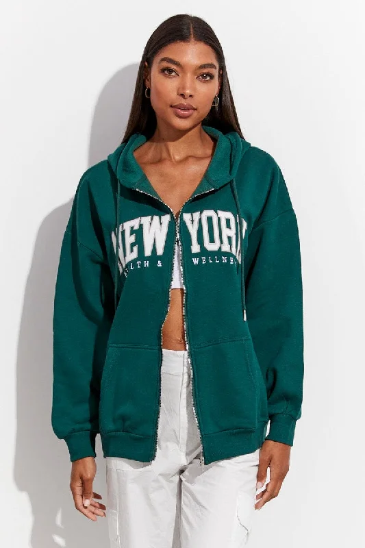 Green Hoodie Zip Long Sleeves Embroidery