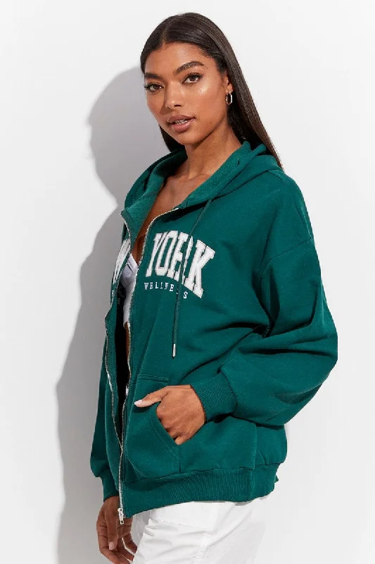 Green Hoodie Zip Long Sleeves Embroidery