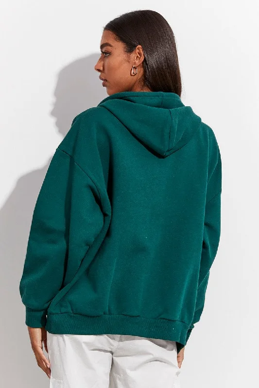 Green Hoodie Zip Long Sleeves Embroidery