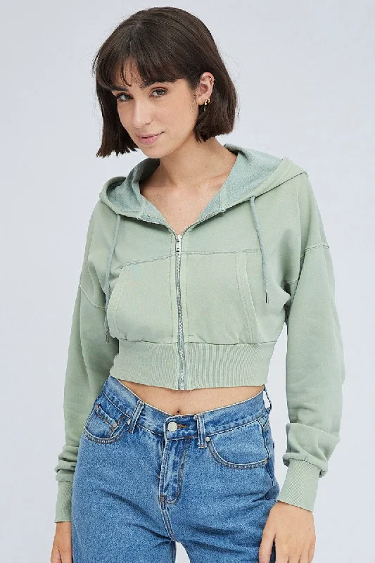 Green Zip Hoodie Long Sleeve Crop