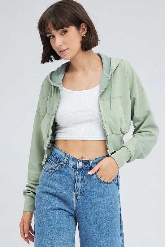 Green Zip Hoodie Long Sleeve Crop