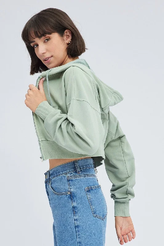 Green Zip Hoodie Long Sleeve Crop