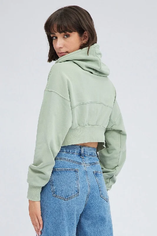 Green Zip Hoodie Long Sleeve Crop