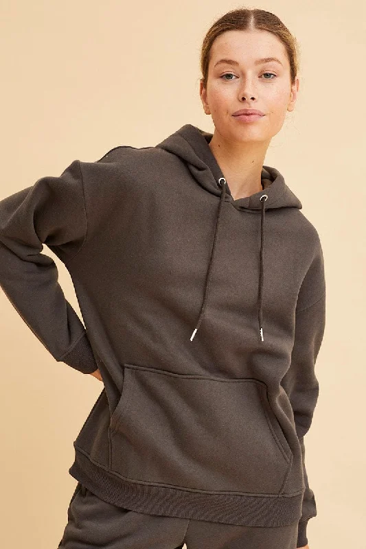 Grey Fleece Hoodie Long Sleeve Cotton