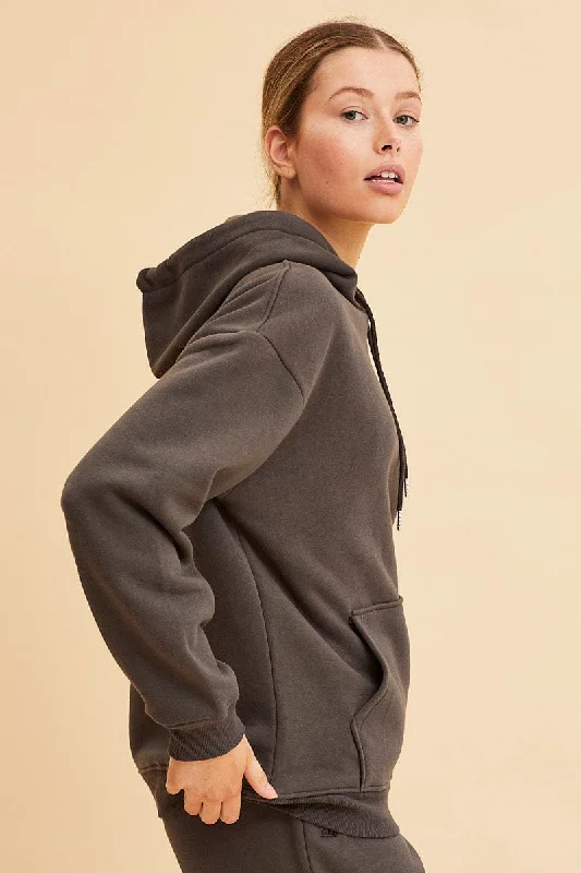 Grey Fleece Hoodie Long Sleeve Cotton